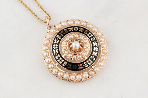 ANTIQUE VICTORIAN PEARL & BLACK ENAMEL PENDANT 9ct GOLD