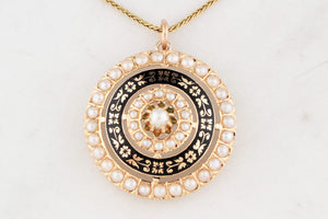 ANTIQUE VICTORIAN PEARL & BLACK ENAMEL PENDANT 9ct GOLD