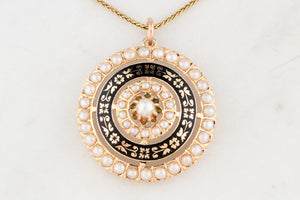 ANTIQUE VICTORIAN PEARL & BLACK ENAMEL PENDANT 9ct GOLD