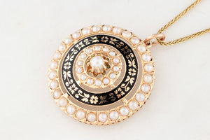 ANTIQUE VICTORIAN PEARL & BLACK ENAMEL PENDANT 9ct GOLD