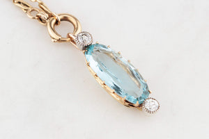 ANTIQUE 7ct AQUAMARINE & OLD EUROPEAN CUT DIAMOND PENDANT 18ct GOLD