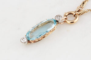 ANTIQUE 7ct AQUAMARINE & OLD EUROPEAN CUT DIAMOND PENDANT 18ct GOLD