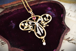 ANTIQUE EDWARDIAN RUBY, PEARL & DIAMOND PENDANT 9ct GOLD