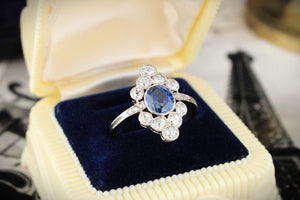 ANTIQUE ART DECO SAPPHIRE & DIAMOND RING 18ct WHITE GOLD