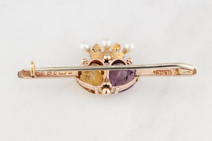 ANTIQUE VICTORIAN DOUBLE HEART & CROWN BROOCH 9ct GOLD