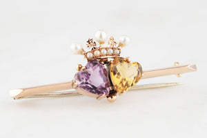 ANTIQUE VICTORIAN DOUBLE HEART & CROWN BROOCH 9ct GOLD