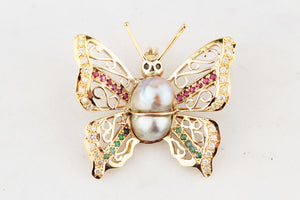 VINTAGE BUTTERFLY PENDANT WITH EMERALDS, RUBIES, DIAMONDS & PEARL 14ct GOLD