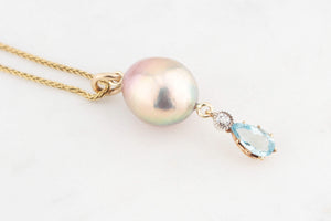 BESPOKE PEARL, AQUAMARINE & DIAMOND PENDANT 18ct GOLD