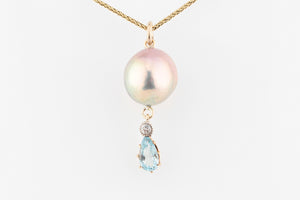 BESPOKE PEARL, AQUAMARINE & DIAMOND PENDANT 18ct GOLD