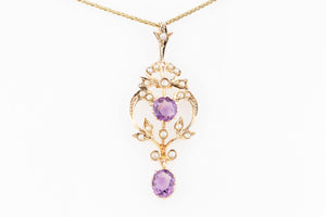 ANTIQUE AUSTRALIAN AMETHYST & SEED PEARL PENDANT 9ct GOLD