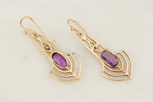 VINTAGE ESTATE ART NOUVEAU STYLE AMETHYST EARRINGS 9ct GOLD