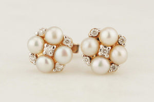 RETRO ESTATE DIAMOND & PEARL EARRINGS 10ct YELLOW GOLD