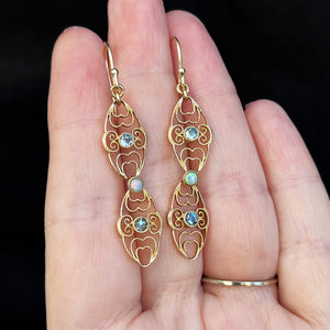 ANTIQUE EDWARDIAN AQUAMARINE & OPAL EARRINGS 15ct GOLD