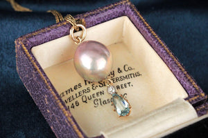 BESPOKE PEARL, AQUAMARINE & DIAMOND PENDANT 18ct GOLD