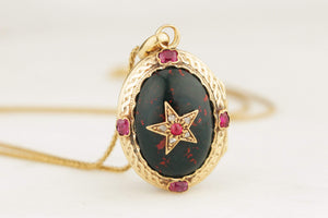 ANTIQUE VICTORIAN c1880 BLOODSTONE RUBY & DIAMOND LOCKET 15ct GOLD