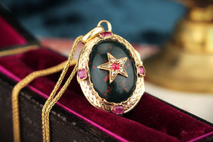 ANTIQUE VICTORIAN c1880 BLOODSTONE RUBY & DIAMOND LOCKET 15ct GOLD