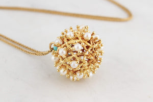 VINTAGE TURQUOISE & PEARL PENDANT 18ct GOLD
