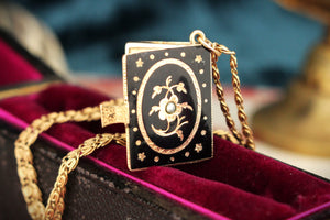 ANTIQUE VICTORIAN ENAMEL & SEED PEARL MOURNING LOCKET 9ct YELLOW GOLD