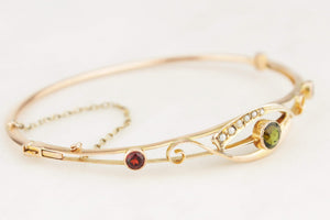 ANTIQUE EDWARDIAN c1900 GREEN SAPPHIRE GARNET & SEED PEARL BANGLE 9ct GOLD