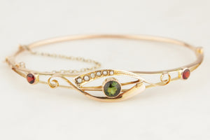 ANTIQUE EDWARDIAN c1900 GREEN SAPPHIRE GARNET & SEED PEARL BANGLE 9ct GOLD