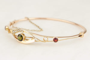 ANTIQUE EDWARDIAN c1900 GREEN SAPPHIRE GARNET & SEED PEARL BANGLE 9ct GOLD