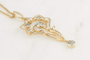 ANTIQUE ART NOUVEAU c1890 AQUAMARINE & SEED PEARL PENDANT 15ct YELLOW GOLD
