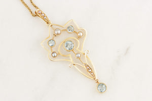 ANTIQUE ART NOUVEAU c1890 AQUAMARINE & SEED PEARL PENDANT 15ct YELLOW GOLD