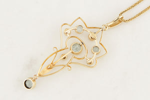 ANTIQUE ART NOUVEAU c1890 AQUAMARINE & SEED PEARL PENDANT 15ct YELLOW GOLD