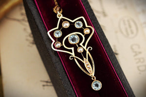 ANTIQUE ART NOUVEAU c1890 AQUAMARINE & SEED PEARL PENDANT 15ct YELLOW GOLD