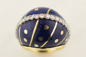 VINTAGE c1940 LAPIS LAZULI & DIAMOND BOMBE RING 14ct YELLOW GOLD