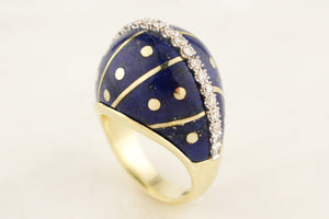 VINTAGE c1940 LAPIS LAZULI & DIAMOND BOMBE RING 14ct YELLOW GOLD