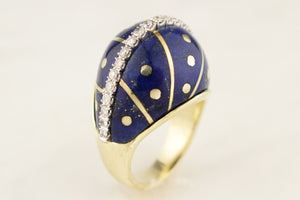 VINTAGE c1940 LAPIS LAZULI & DIAMOND BOMBE RING 14ct YELLOW GOLD