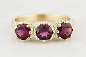 BESPOKE RHODOLITE GARNET TRILOGY RING 14ct GOLD