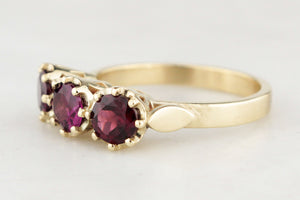 BESPOKE RHODOLITE GARNET TRILOGY RING 14ct GOLD