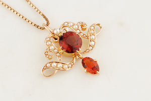 ANTIQUE EDWARDIAN c1900 IMPERIAL TOPAZ & SEED PEARL PENDANT 15ct GOLD