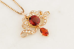 ANTIQUE EDWARDIAN c1900 IMPERIAL TOPAZ & SEED PEARL PENDANT 15ct GOLD