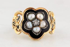 ANTIQUE VICTORIAN 1852 DIAMOND & PEARL MOURNING RING 18ct GOLD