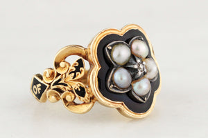 ANTIQUE VICTORIAN 1852 DIAMOND & PEARL MOURNING RING 18ct GOLD