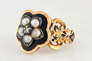 ANTIQUE VICTORIAN 1852 DIAMOND & PEARL MOURNING RING 18ct GOLD