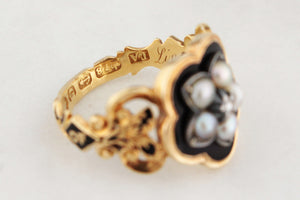 ANTIQUE VICTORIAN 1852 DIAMOND & PEARL MOURNING RING 18ct GOLD