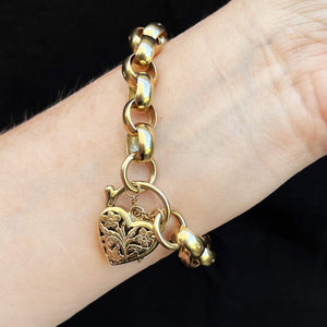 ANTIQUE 37.54g ROLLO LINK BRACELET WITH FILIGREE HEART PADLOCK 9ct GOLD
