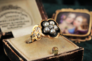 ANTIQUE VICTORIAN 1852 DIAMOND & PEARL MOURNING RING 18ct GOLD