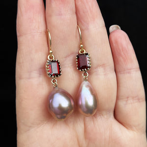 BESPOKE GARNET & PINK BAROQUE PEARL EARRINGS 9ct GOLD