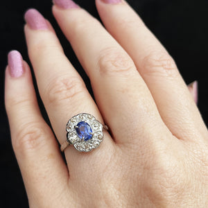 ANTIQUE ART DECO CEYLON SAPPHIRE & DIAMOND RING 18ct GOLD