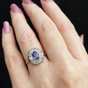 ANTIQUE ART DECO CEYLON SAPPHIRE & DIAMOND RING 18ct GOLD