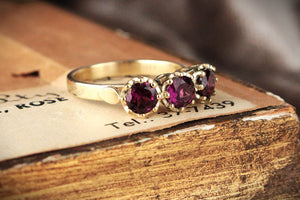 BESPOKE RHODOLITE GARNET TRILOGY RING 14ct GOLD