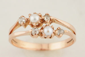 ANTIQUE VICTORIAN c1890 PEARL & ROSE CUT DIAMOND RING 9ct ROSE GOLD