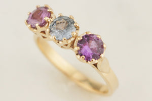 R&V BESPOKE SAPPHIRE TRILOGY RING 9ct YELLOW GOLD