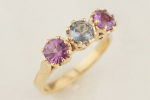 R&V BESPOKE SAPPHIRE TRILOGY RING 9ct YELLOW GOLD