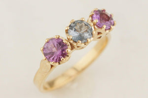 R&V BESPOKE SAPPHIRE TRILOGY RING 9ct YELLOW GOLD